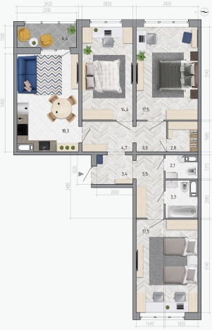 Купить трехкомнатную квартиру на улице Федора Тютчева в Воронеже. Вариант № 91746, 0, площадь -  квм, цена 9427680 рублей