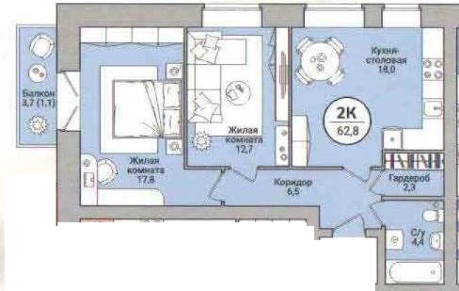 . Вариант № 97712, 0, площадь - 62.8 квм, цена 5966000 рублей
