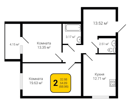 . Вариант № 130680, 1, площадь - 66.96 квм, цена 7930400 рублей