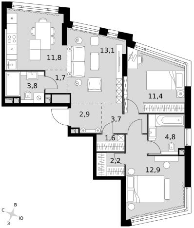 Купить трехкомнатную квартиру в районе Нагатино-Садовники в Москве. Вариант № 9585872, 0, площадь -  квм, цена 43743420 рублей