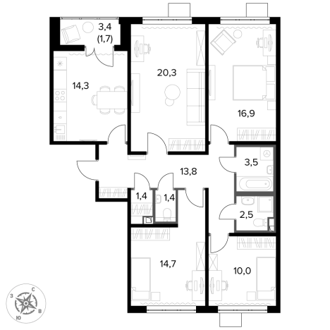Купить многокомнатную квартиру в новостройках в районе Савёловский в Москве. Вариант № 94940, 0, площадь -  квм, цена 20964300 рублей