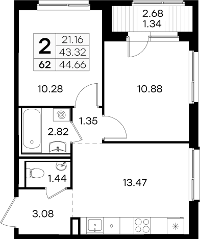. Вариант № 137670, 0, площадь - 44.7 квм, цена 6019999 рублей