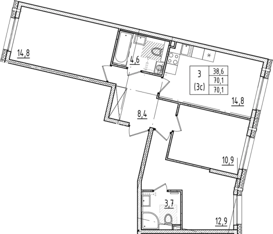 . Вариант № 6244533, 0, площадь - 70.1 квм, цена 21913610 рублей