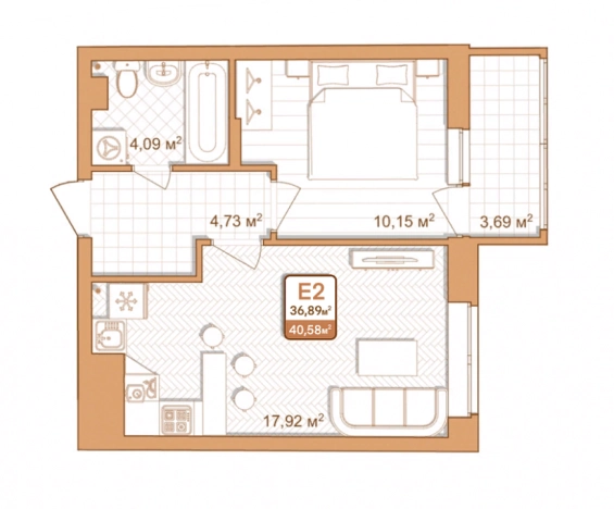 . Вариант № 71096, 0, площадь - 40.58 квм, цена 4058000 рублей