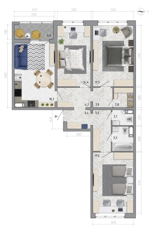 Купить трехкомнатную квартиру в Воронеже. Вариант № 1042728, 0, площадь -  квм, цена 9131523 рублей
