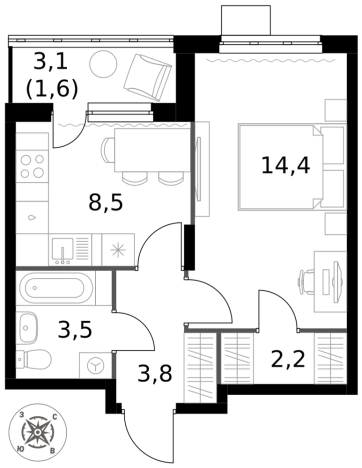 . Вариант № 9952992, 0, площадь - 34 квм, цена 10727000 рублей