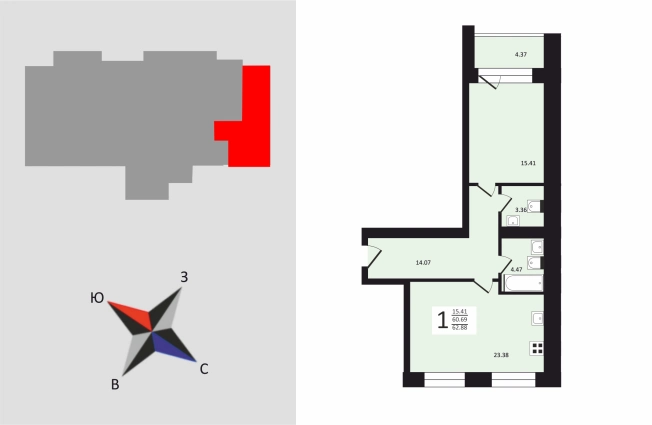 . Вариант № 69894, 1, площадь - 68.05 квм, цена 6444100 рублей
