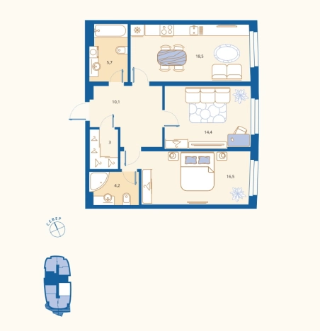 Купить двухкомнатную квартиру в районе Октябрьский в Пензе. Вариант № 7852633, 0, площадь - квм, цена 6984000 рублей