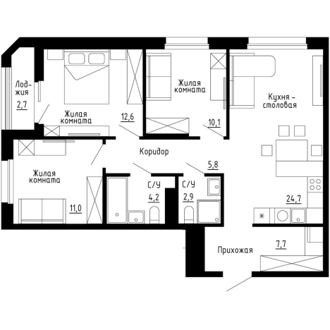 Купить трехкомнатную квартиру в ЖК "7Я" в Владивостоке. Вариант № 9768228, 0, площадь -  квм, цена 19617600 рублей