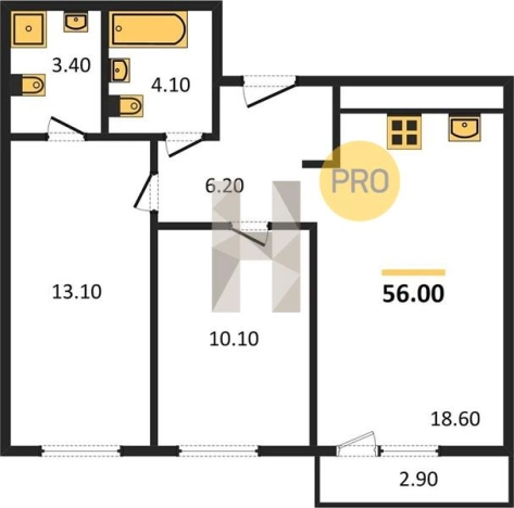 Купить двухкомнатную квартиру в ЖК Тринити в Ижевске. Вариант № 61171, 0, площадь -  квм, цена 3761240 рублей