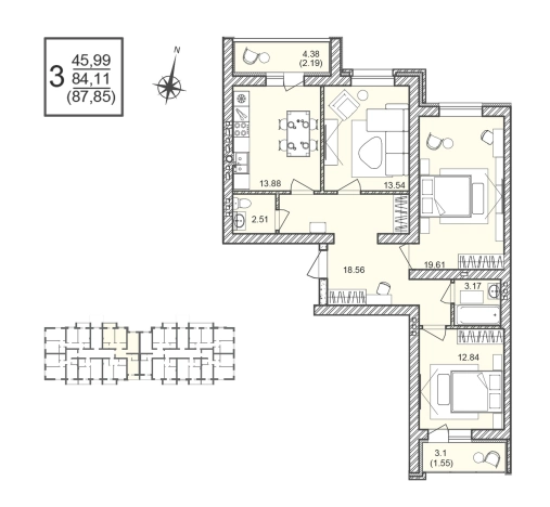 Купить трехкомнатную квартиру в новостройках в Воронежской области. Вариант № 1166529, 0, площадь -  квм, цена 9224250 рублей