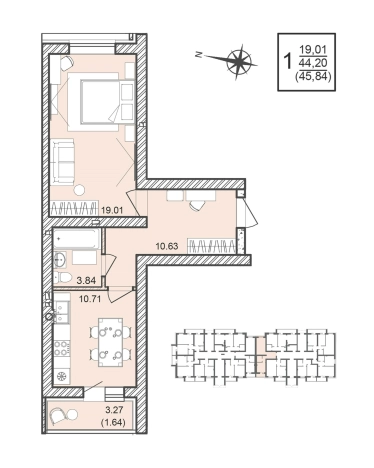 . Вариант № 1167738, 0, площадь - 45.84 квм, цена 6454318 рублей