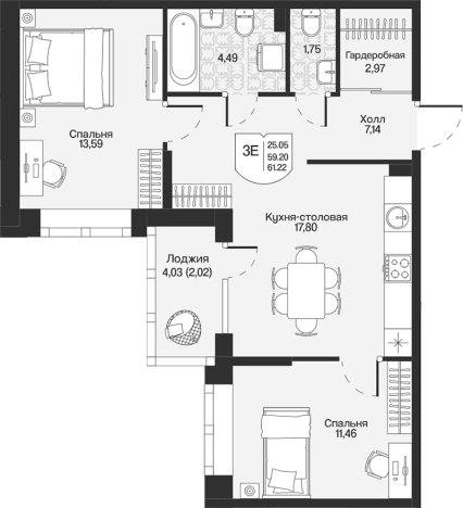 . Вариант № 7261308, 0, площадь - 59.2 квм, цена 13775503 рублей