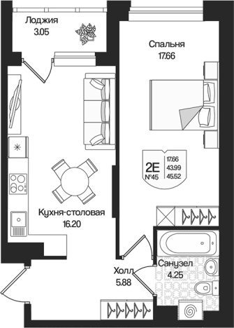 . Вариант № 7261455, 0, площадь - 43.99 квм, цена 10094077 рублей