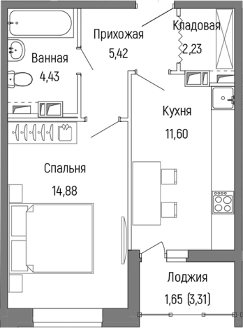 . Вариант № 138779, 0, площадь - 38.56 квм, цена 7832000 рублей