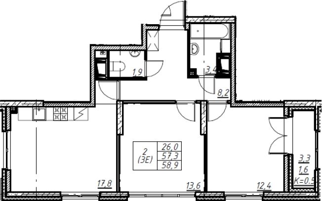 . Вариант № 1086877, 0, площадь - 56.3 квм, цена 23652150 рублей