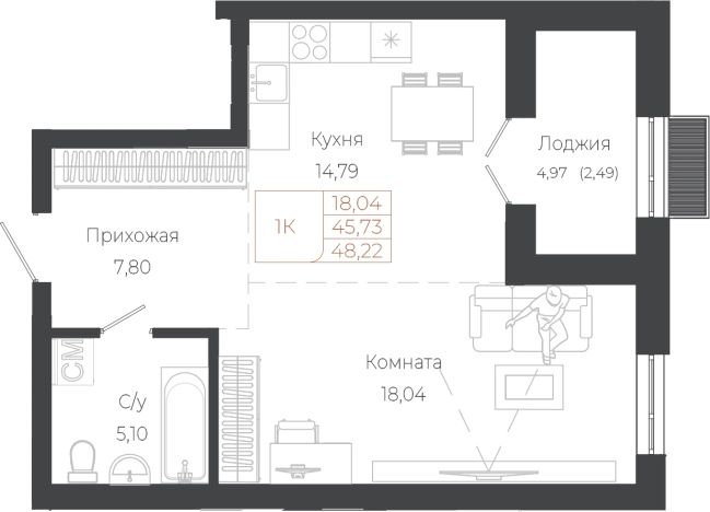 . Вариант № 7629629, 0, площадь - 48.22 квм, цена 12199660 рублей