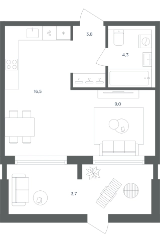 . Вариант № 160922, 0, площадь - 37.3 квм, цена 9610757 рублей