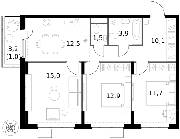 Купить трехкомнатную квартиру у метро Домодедовская в Видном. Вариант № 9953948, 0, площадь -  квм, цена 17787980 рублей