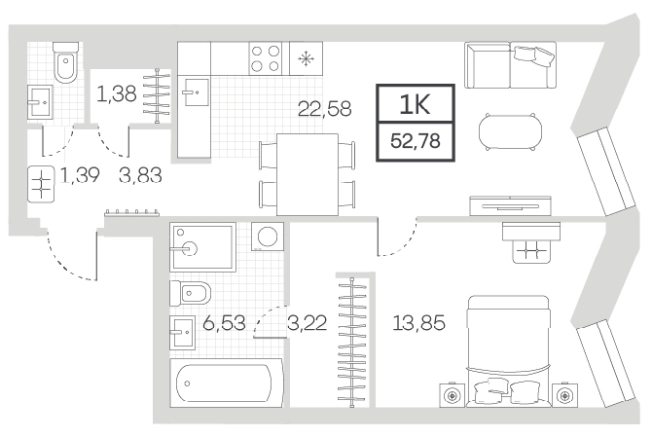 . Вариант № 78519, 0, площадь - 52.78 квм, цена 27445600 рублей