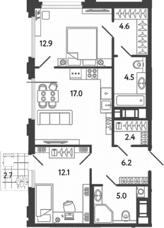 Купить трехкомнатную квартиру у метро Улица Дыбенко в Санкт-Петербурге. Вариант № 6251982, 0, площадь -  квм, цена 21071334 рублей