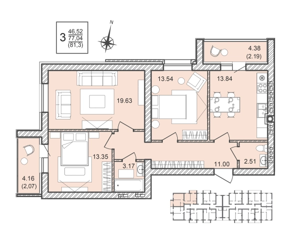 . Вариант № 130681, 0, площадь - 81.3 квм, цена 8536500 рублей