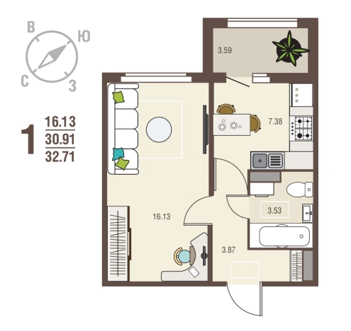 . Вариант № 101406, 0, площадь - 32.71 квм, цена 3761650 рублей