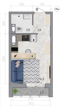 Купить Студию на улице Федора Тютчева в Воронеже. Вариант № 91845, 0, площадь - квм, цена 2782431 рублей