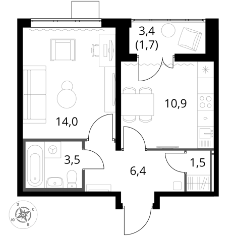 Купить однокомнатную квартиру в ЖК 1-й Южный в Видном. Вариант № 9805892, 0, площадь -  квм, цена 14014400 рублей