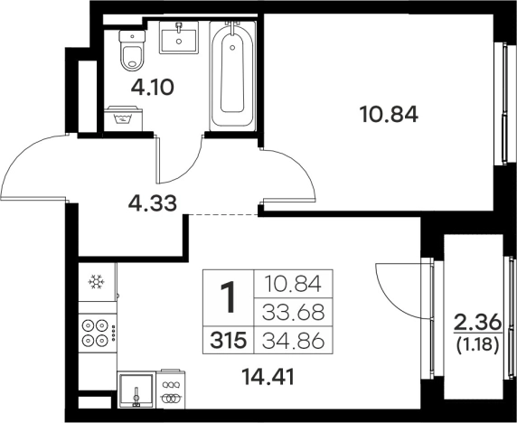 . Вариант № 133929, 1, площадь - 34.86 квм, цена 5429999 рублей