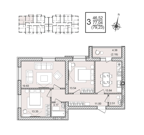 . Вариант № 130703, 1, площадь - 79.23 квм, цена 8319150 рублей
