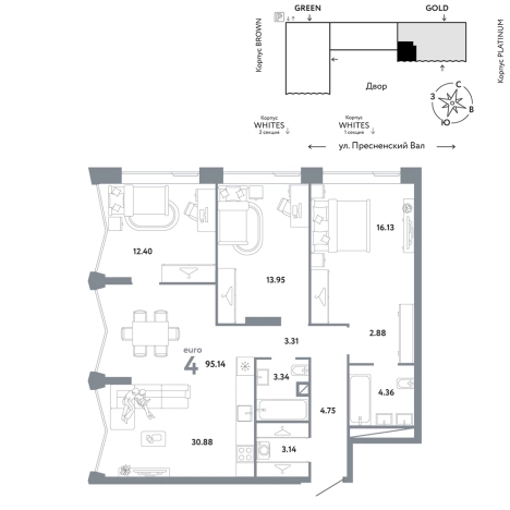 Купить четырехкомнатную квартиру в районе Пресненский в Москве. Вариант № 154555, 0, площадь -  квм, цена 90635400 рублей
