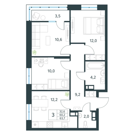 Купить трехкомнатную квартиру в ЖК мкр. Хороший в Чите. Вариант № 151700, 0, площадь -  квм, цена 11848200 рублей