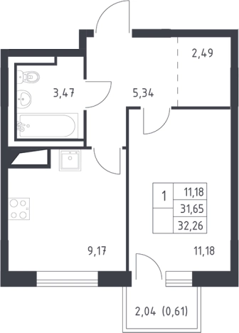 . Вариант № 6709428, 0, площадь - 31.65 квм, цена 5214971 рублей