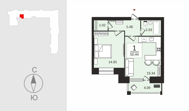 . Вариант № 106737, 1, площадь - 50.59 квм, цена 6323750 рублей