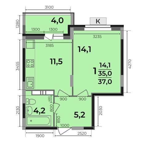 . Вариант № 2731687, 2, площадь - 37 квм, цена 4088500 рублей
