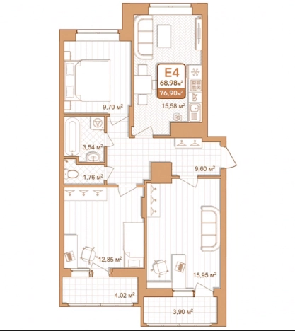 . Вариант № 73662, 1, площадь - 76.9 квм, цена 6152000 рублей