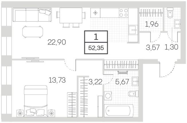 . Вариант № 78578, 0, площадь - 52.34 квм, цена 26693400 рублей