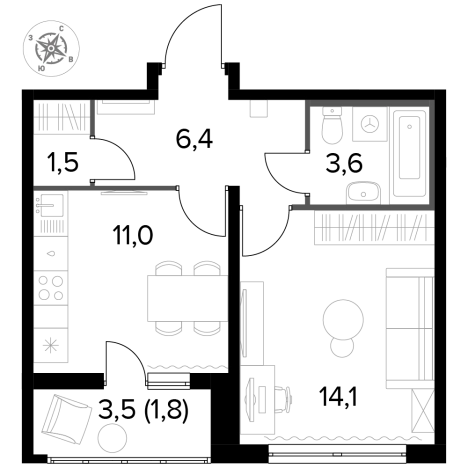 Купить однокомнатную квартиру у метро Битца в Видном. Вариант № 9838421, 0, площадь -  квм, цена 11322850 рублей