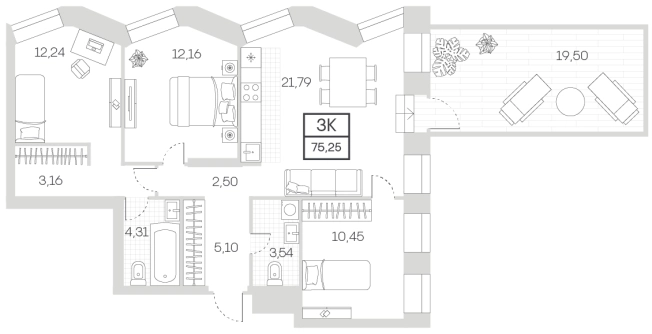 . Вариант № 78502, 0, площадь - 75.25 квм, цена 49743750 рублей