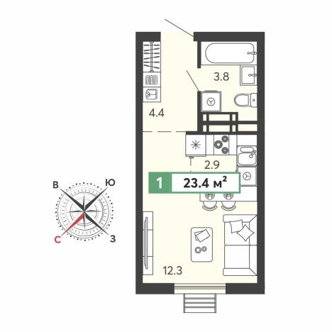 . Вариант № 783608, 0, площадь - 23.4 квм, цена 2286180 рублей