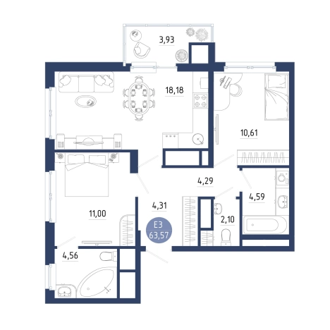 Купить двухкомнатную квартиру на улице проезд Бульвар Оптимистов в Рязанской области. Вариант № 102311, 0, площадь -  квм, цена 7435783 рублей
