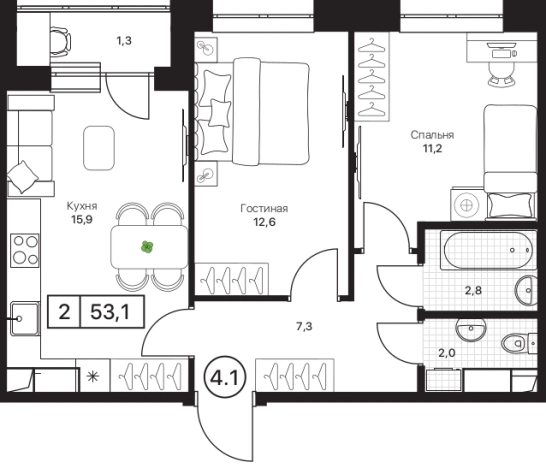 . Вариант № 10422073, 0, площадь - 53.1 квм, цена 11151000 рублей