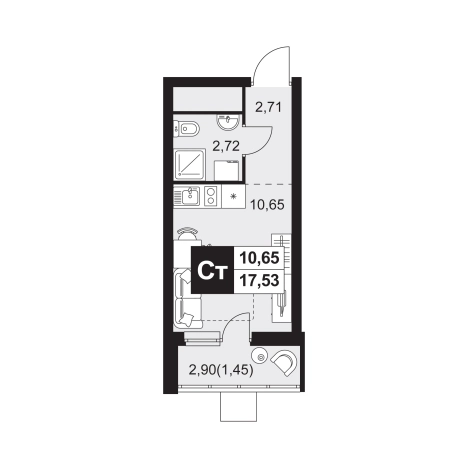 . Вариант № 9181123, 0, площадь - 17.53 квм, цена 2434917 рублей