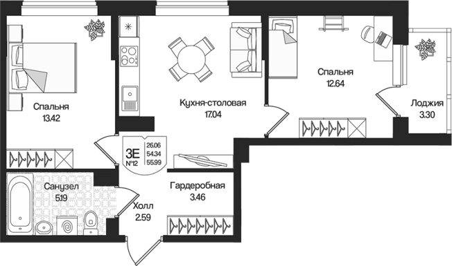 . Вариант № 7261468, 0, площадь - 54.34 квм, цена 12354033 рублей
