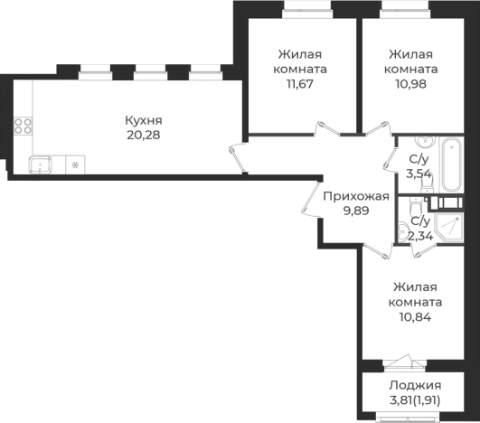 Купить многокомнатную квартиру в новостройках у метро Проспект Ветеранов в Ленинградской области. Вариант № 6909613, 0, площадь -  квм, цена 10288800 рублей
