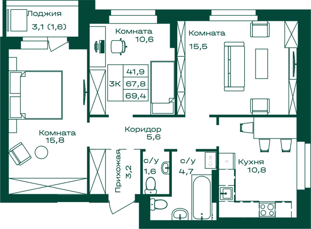 . Вариант № 8640402, 0, площадь - 69.4 квм, цена 13047200 рублей