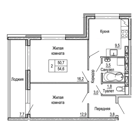 . Вариант № 9415013, 0, площадь - 54.6 квм, цена 8841378 рублей