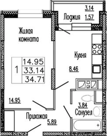. Вариант № 139305, 0, площадь - 33.14 квм, цена 4165200 рублей