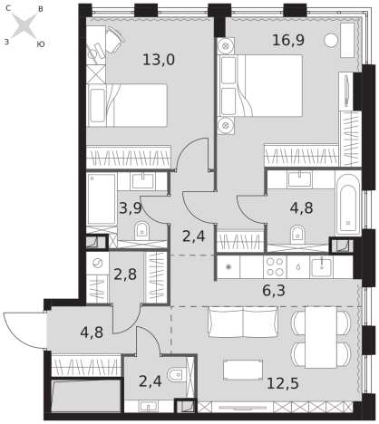 Купить двухкомнатную квартиру у метро Хорошево в Москве. Вариант № 9504155, 0, площадь -  квм, цена 51323940 рублей